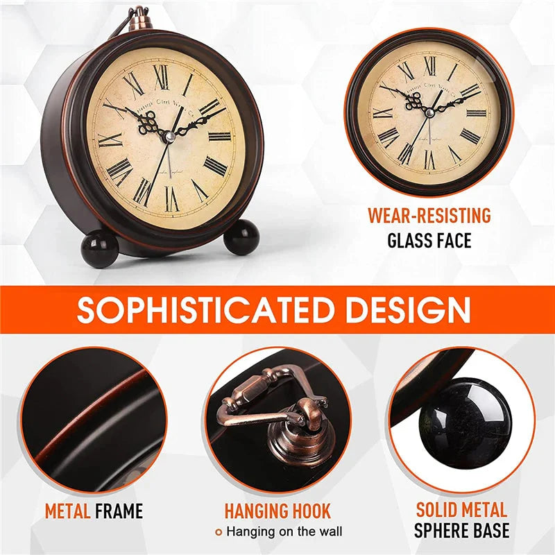 Vintage Hangable Battery Alarm Clock Metal Night Light Super Silent Table Desk Quartz Clock Time For Bedroom Bedside Desk Shelf