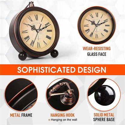 Vintage Hangable Battery Alarm Clock Metal Night Light Super Silent Table Desk Quartz Clock Time For Bedroom Bedside Desk Shelf