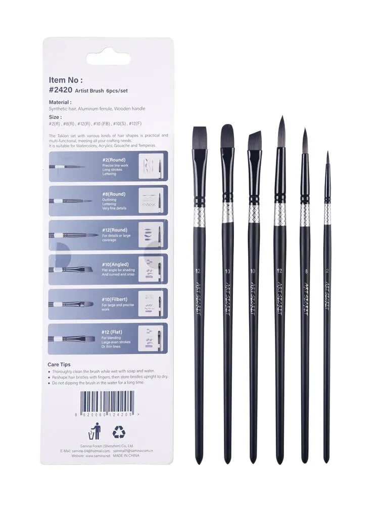ArtSecret High Grade Multi-Functional Brush 2420 6PC/Set Painter Pen Synthetic Hair Aluminum Ferrule Wooden Handle Art Supplies