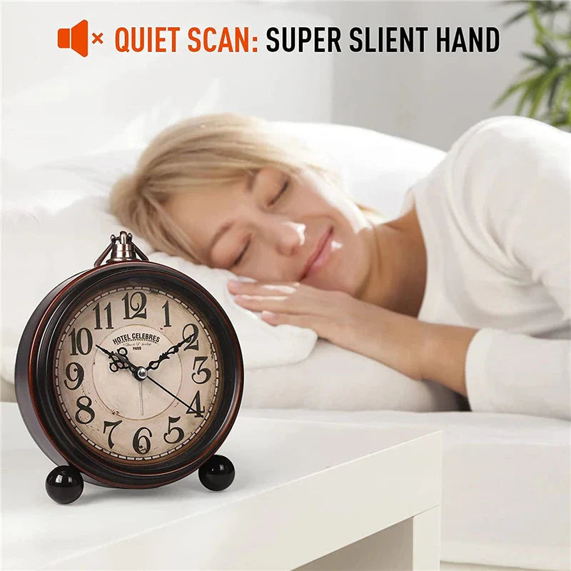 Vintage Hangable Battery Alarm Clock Metal Night Light Super Silent Table Desk Quartz Clock Time For Bedroom Bedside Desk Shelf