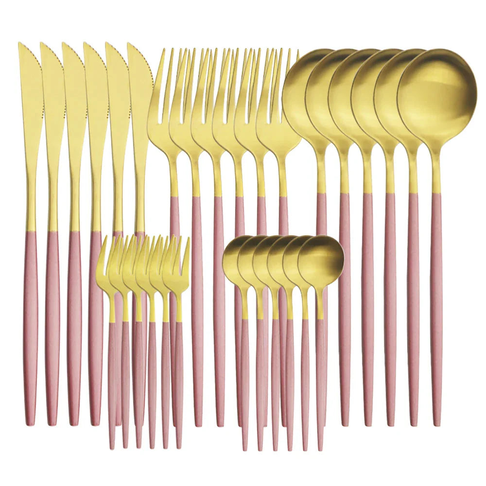 30 Pieces Dinnerware Matte Stainless Steel Cutlery Set Roes Gold Knives Fork Teaspoons Silverware Kitchen Party Dinner Tableware