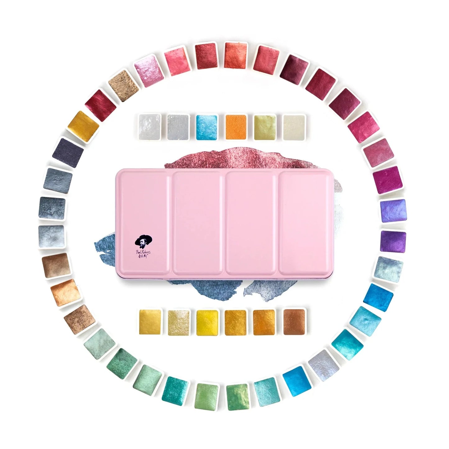 Original Paul Rubens 12/24/48 Pearlescent Watercolor Paint Set Portable Pink Box with Palette Flash Watercolor Paint