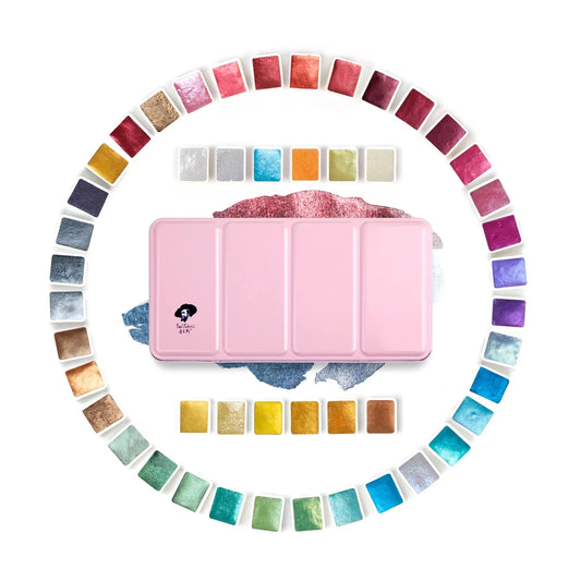 Original Paul Rubens 12/24/48 Pearlescent Watercolor Paint Set Portable Pink Box with Palette Flash Watercolor Paint