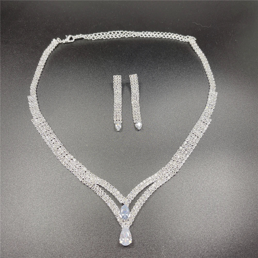 Fashion Crystal Bridal Jewelry Sets Silver Color Geometric Choker Necklace Earrings Bracelet Ring Four-piece Wedding Jewelry Set