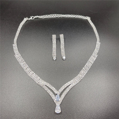 Fashion Crystal Bridal Jewelry Sets Silver Color Geometric Choker Necklace Earrings Bracelet Ring Four-piece Wedding Jewelry Set