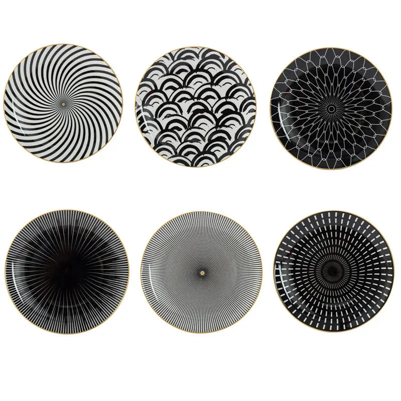 Geometric Design Gold Plating Meal Plate Porcelain Kitchen Dinner Plates Ceramics Food Tray Salad Dish 6/8/10 Inch 1Pcs