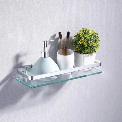 Tempered Glass Bathroom Shelf Aluminum Storage Rack Rectangular 30 40 50cm 1 Tier Silver Sand Sprayed Wall Mounted