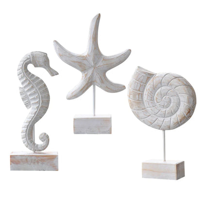 Mediterranean Style Wood Crafts Starfish Conch Hippocampus Wood Carving Marine Garden Decoration Ornaments Home Decoration