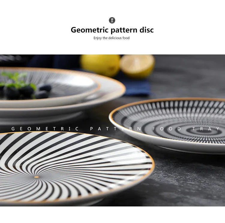 Geometric Design Gold Plating Meal Plate Porcelain Kitchen Dinner Plates Ceramics Food Tray Salad Dish 6/8/10 Inch 1Pcs