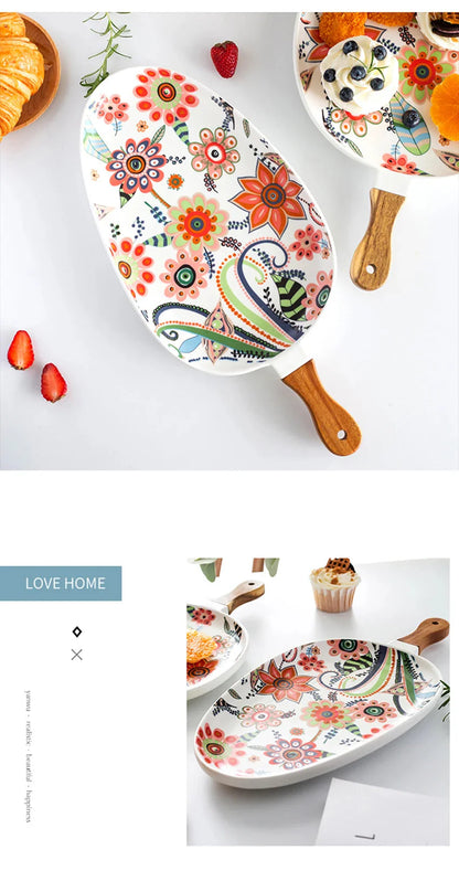 Ceramic Salad Plates with Handle,Porcelain Dinner Plates,Colorful Floral Pattern Serving Plate for Desserts Sandwiches Dishes 접시