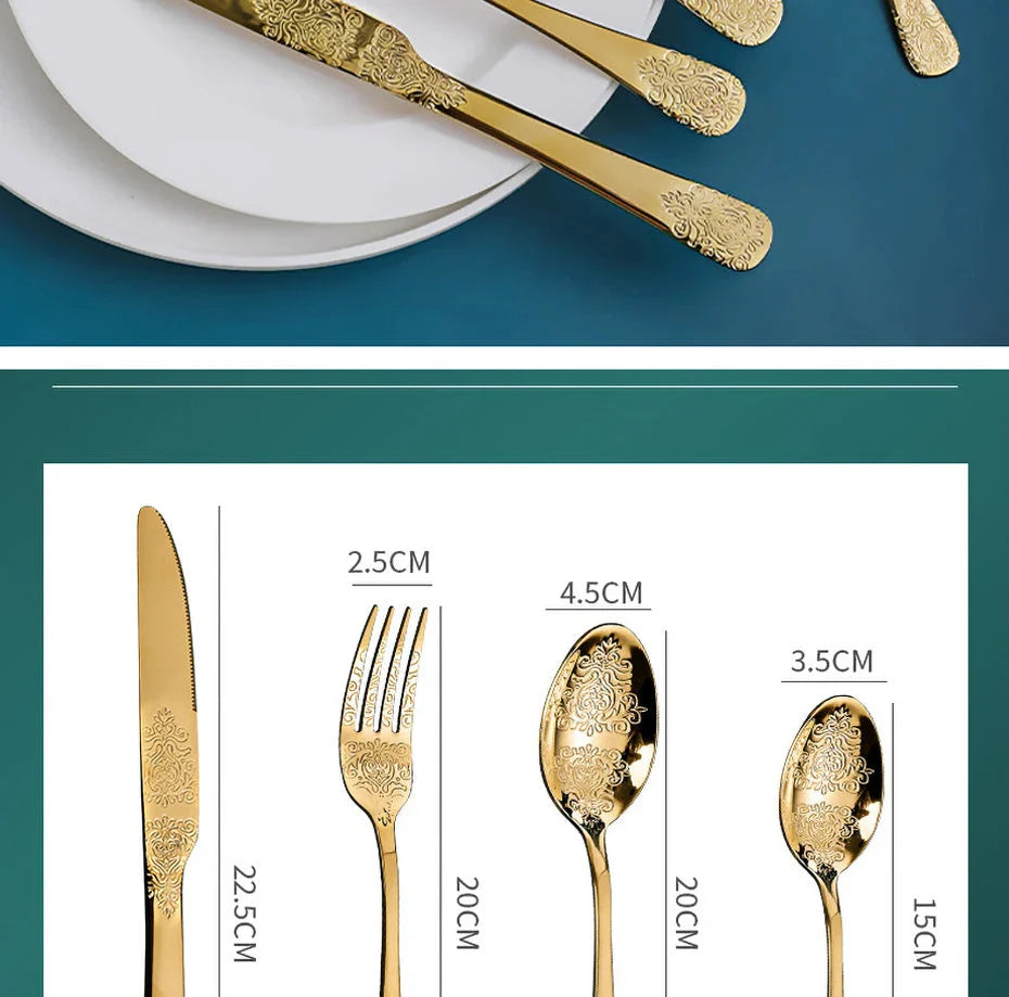 16/24Pcs Silverware Set,304 Stainless Steel Gold Cutlery Kit Mirror Polished Flatware Sets Vintage Carved Utensils Set Tableware