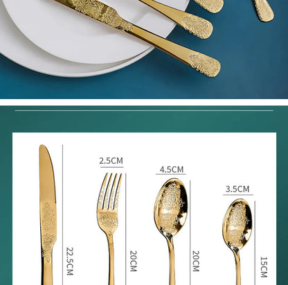 16/24Pcs Silverware Set,304 Stainless Steel Gold Cutlery Kit Mirror Polished Flatware Sets Vintage Carved Utensils Set Tableware