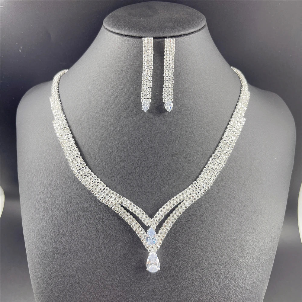 Fashion Crystal Bridal Jewelry Sets Silver Color Geometric Choker Necklace Earrings Bracelet Ring Four-piece Wedding Jewelry Set