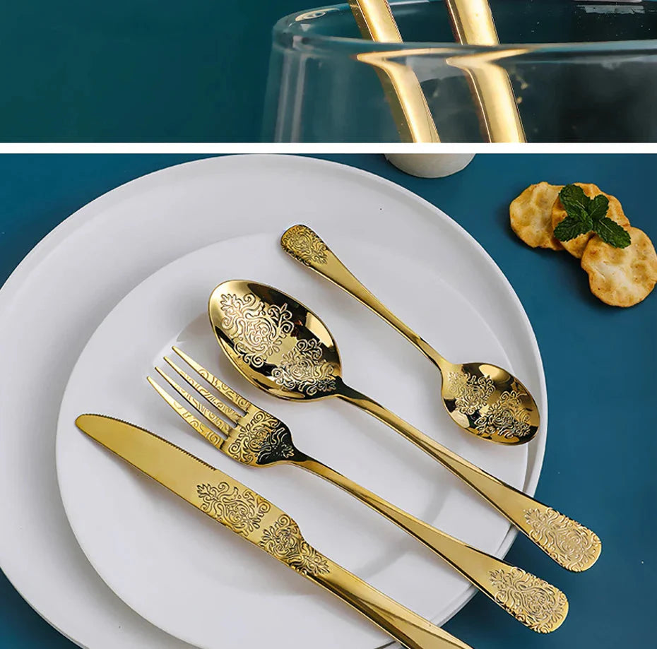 16/24Pcs Silverware Set,304 Stainless Steel Gold Cutlery Kit Mirror Polished Flatware Sets Vintage Carved Utensils Set Tableware