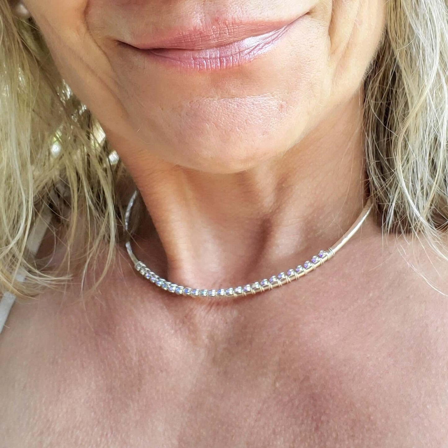 Heavy Gauge 925 Silver Wire Wrapped Swarovski Crystal Choker Necklace
