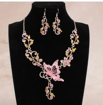 Wedding Jewelry Set Bride Rhinestone Jewelry Set Silver Plated Butterfly Choker Necklace Earrings Set Jewelry For Women Girls