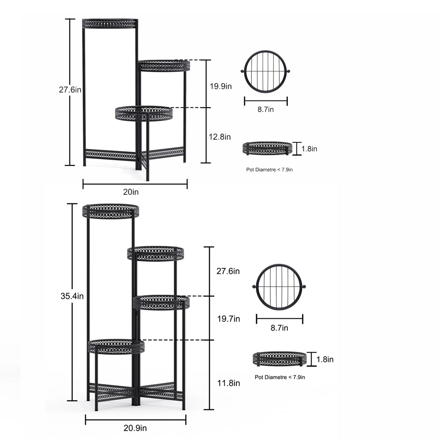 3/4 Tier Metal Plant Stand Indoor Black Tall Flower Pot Holder Display Rack Foldable for Patio Garden Living Room Corner Balcony
