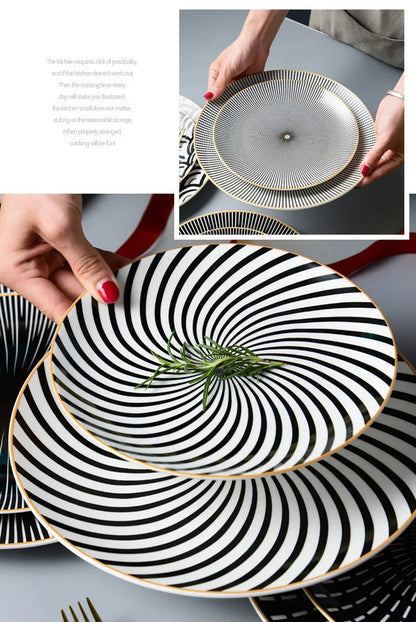 Geometric Design Gold Plating Meal Plate Porcelain Kitchen Dinner Plates Ceramics Food Tray Salad Dish 6/8/10 Inch 1Pcs