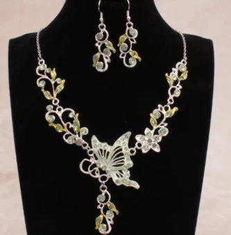Wedding Jewelry Set Bride Rhinestone Jewelry Set Silver Plated Butterfly Choker Necklace Earrings Set Jewelry For Women Girls