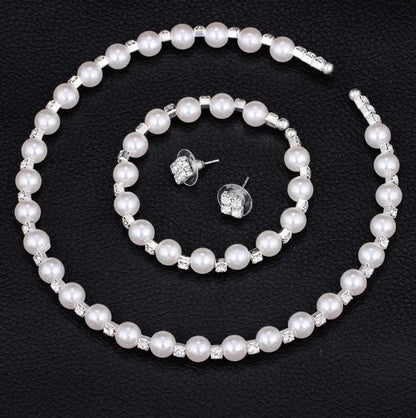Wedding Bridal Jewelry Set String of Pearls Prom Silver Color Crystal Bracelet Necklace Earrings for Women jewellery sets
