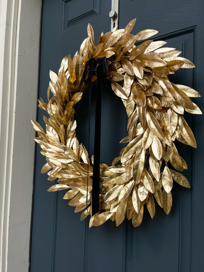 Gold Bay Leaf Wreath with Black Velvet Ribbon