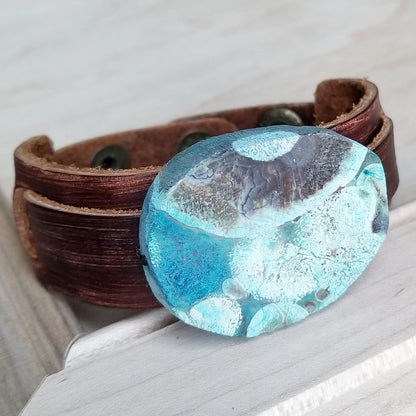 **Ocean Agate Slab on Narrow Leather Cuff 005K