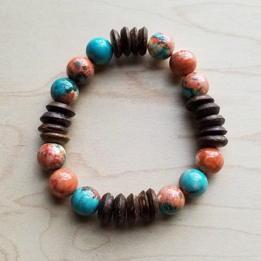 **Multi-Colored Turquoise and Wood Stretch Bracelet (802Q)