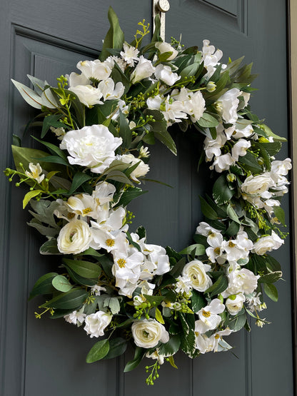 White and Green Dogwood Ranunculus Spring Wreath