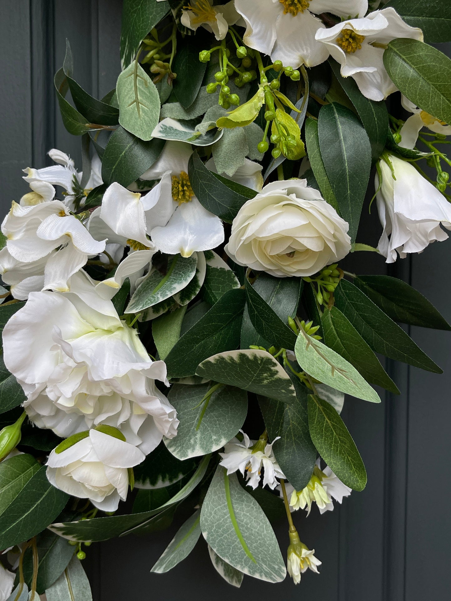 White and Green Dogwood Ranunculus Spring Wreath