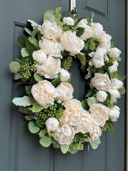 White Peony and Eucalyptus Spring Wreath