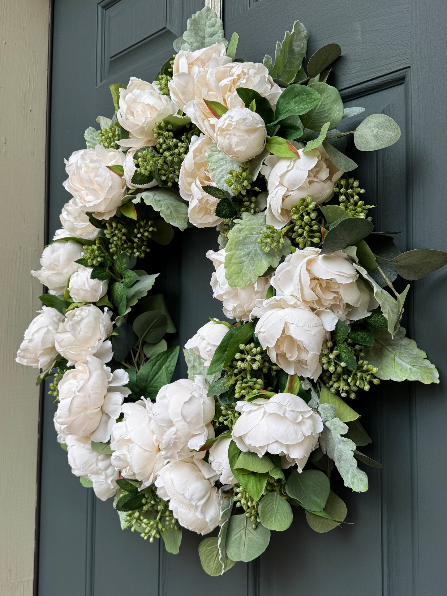 White Peony and Eucalyptus Spring Wreath