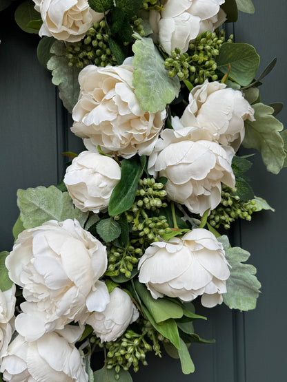 White Peony and Eucalyptus Spring Wreath
