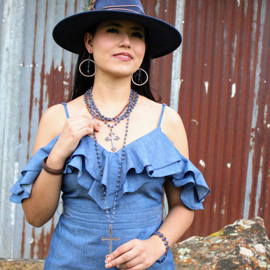 Blue Lapis Collar-Length Necklace with Copper Cross 255v