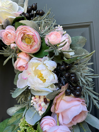 Pink Peony Rose and Ranunculus Spring Wreath