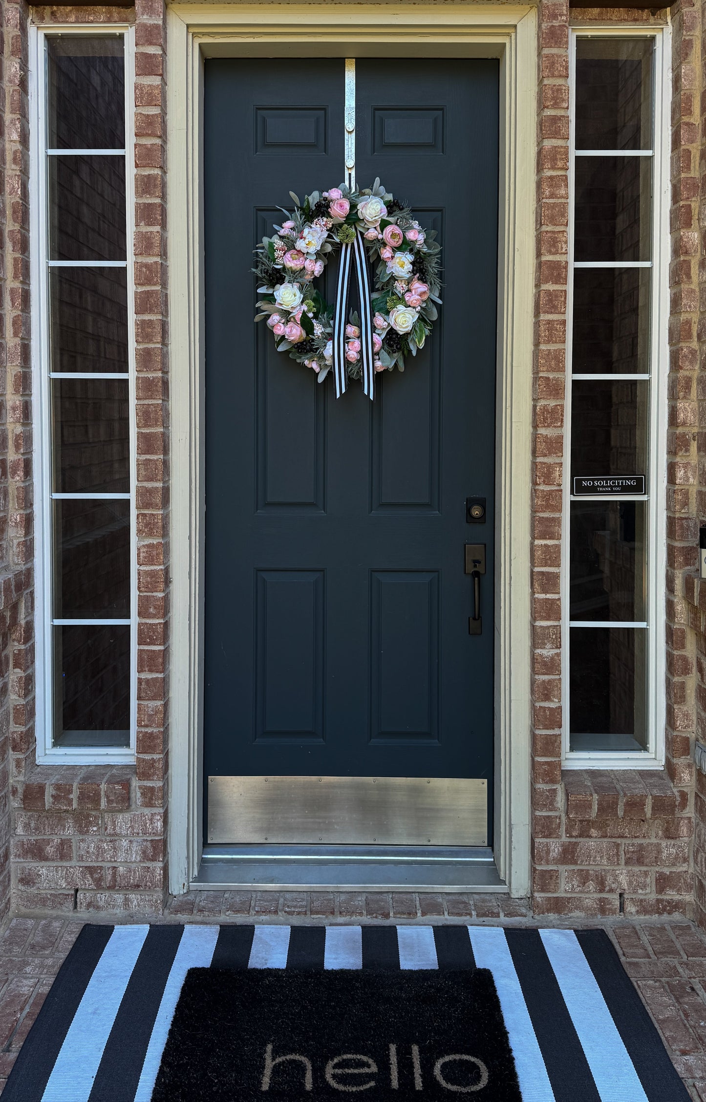 Pink Peony Rose and Ranunculus Spring Wreath with Black and White Ribbon