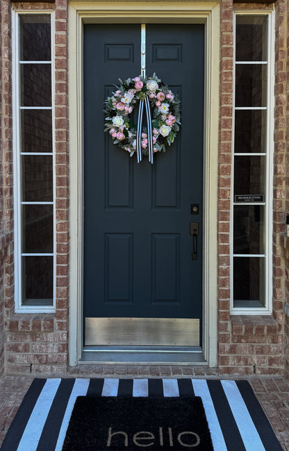 Pink Peony Rose and Ranunculus Spring Wreath with Black and White Ribbon