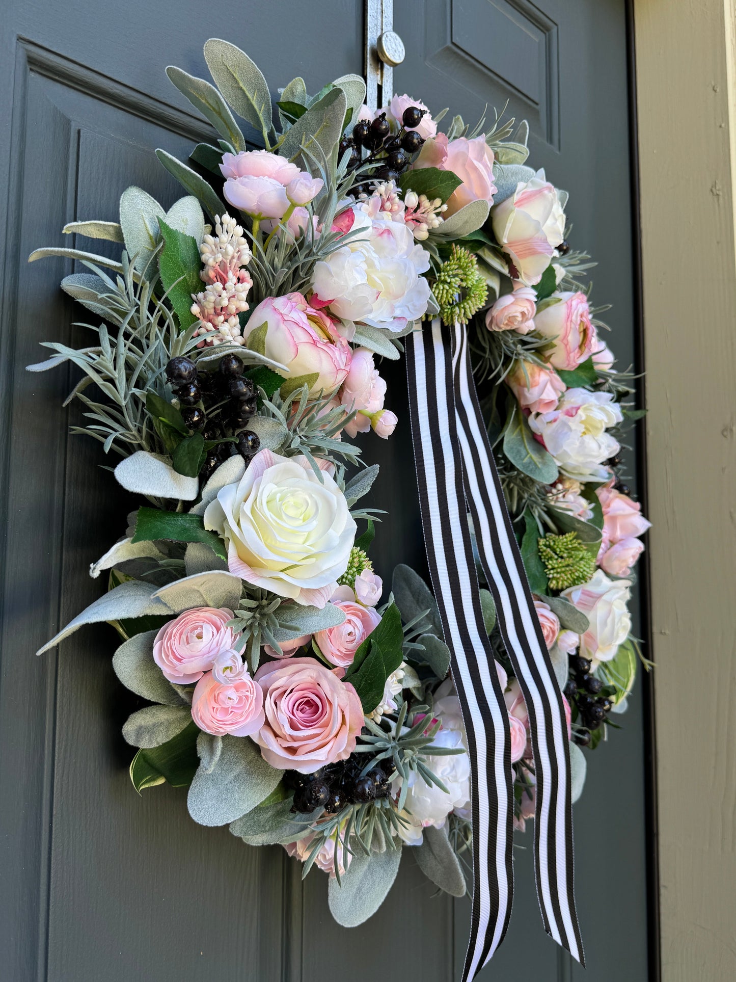 Pink Peony Rose and Ranunculus Spring Wreath with Black and White Ribbon