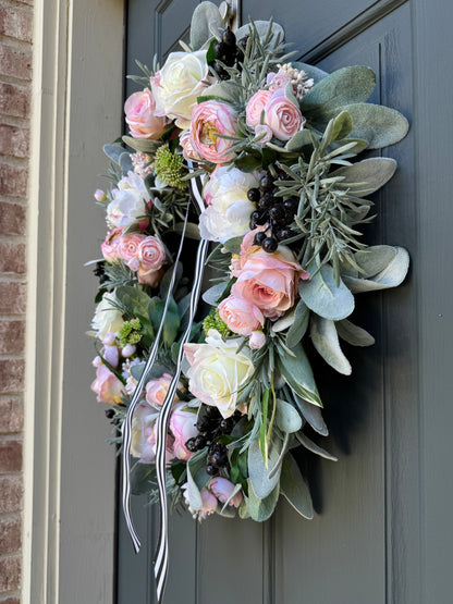Pink Peony Rose and Ranunculus Spring Wreath with Black and White Ribbon