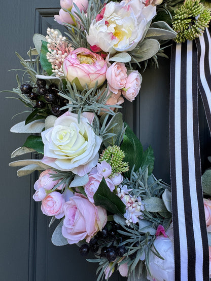 Pink Peony Rose and Ranunculus Spring Wreath with Black and White Ribbon