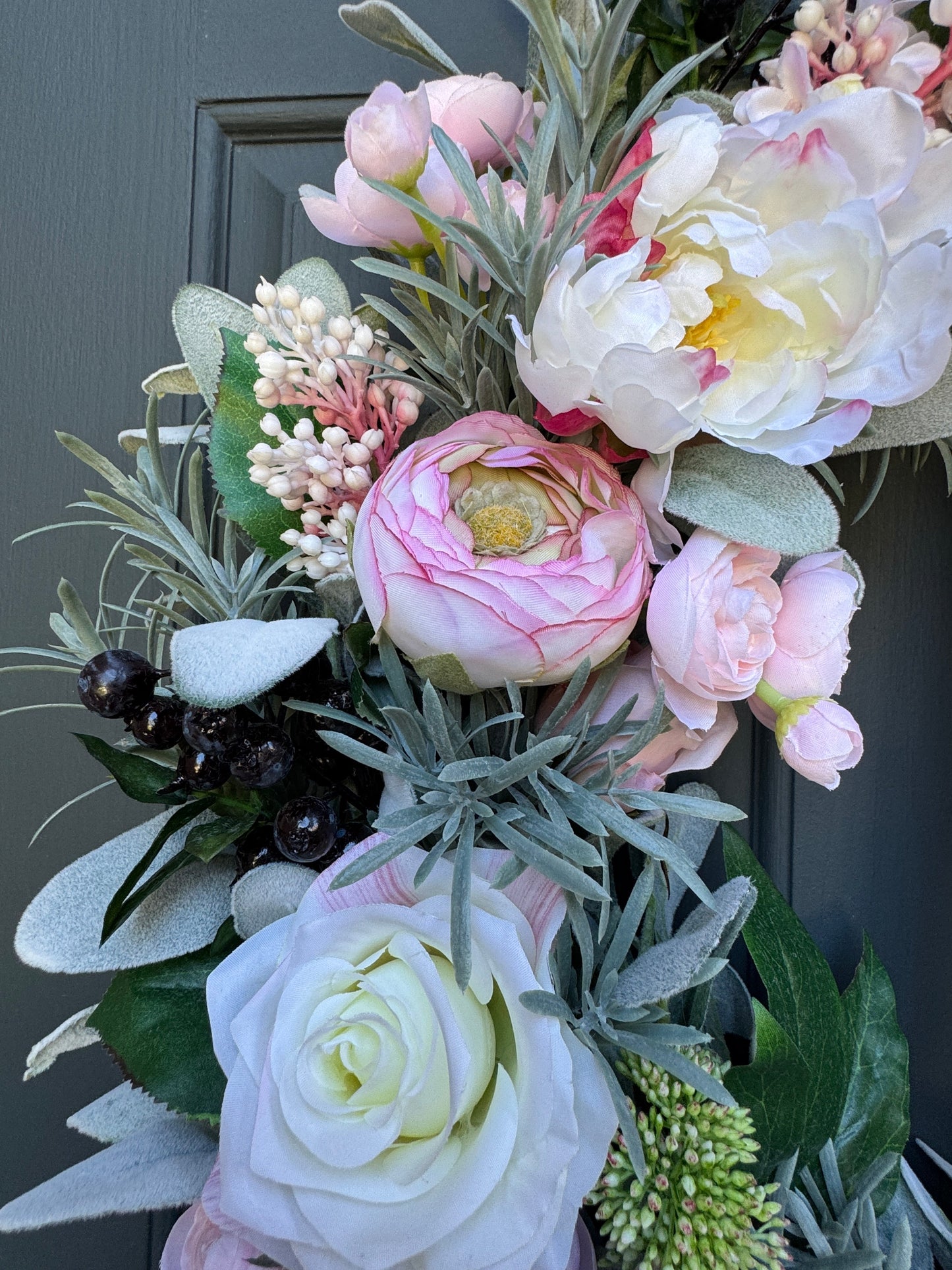 Pink Peony Rose and Ranunculus Spring Wreath with Black and White Ribbon