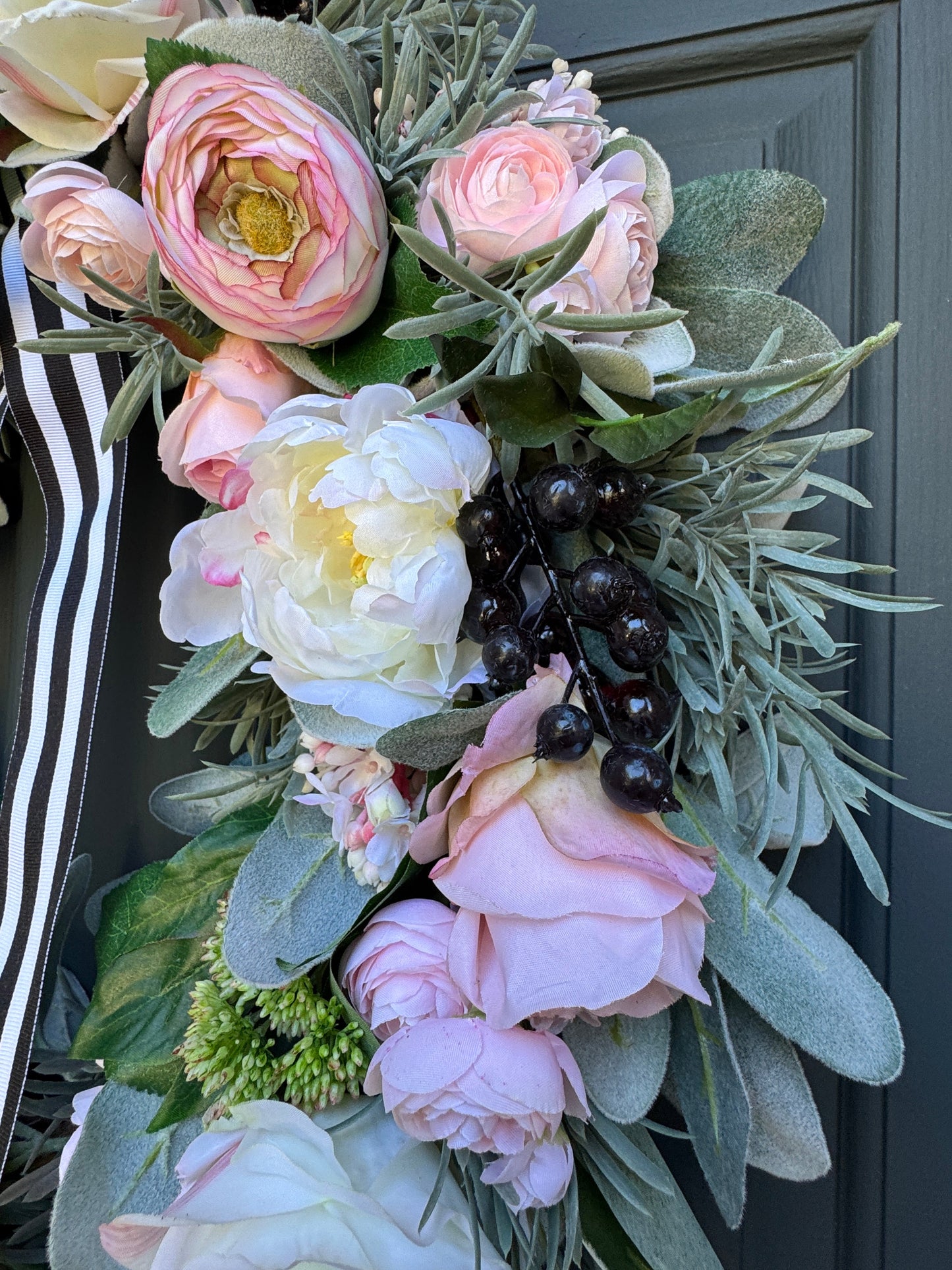 Pink Peony Rose and Ranunculus Spring Wreath with Black and White Ribbon