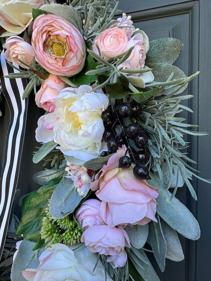 Pink Peony Rose and Ranunculus Spring Wreath with Black and White Ribbon