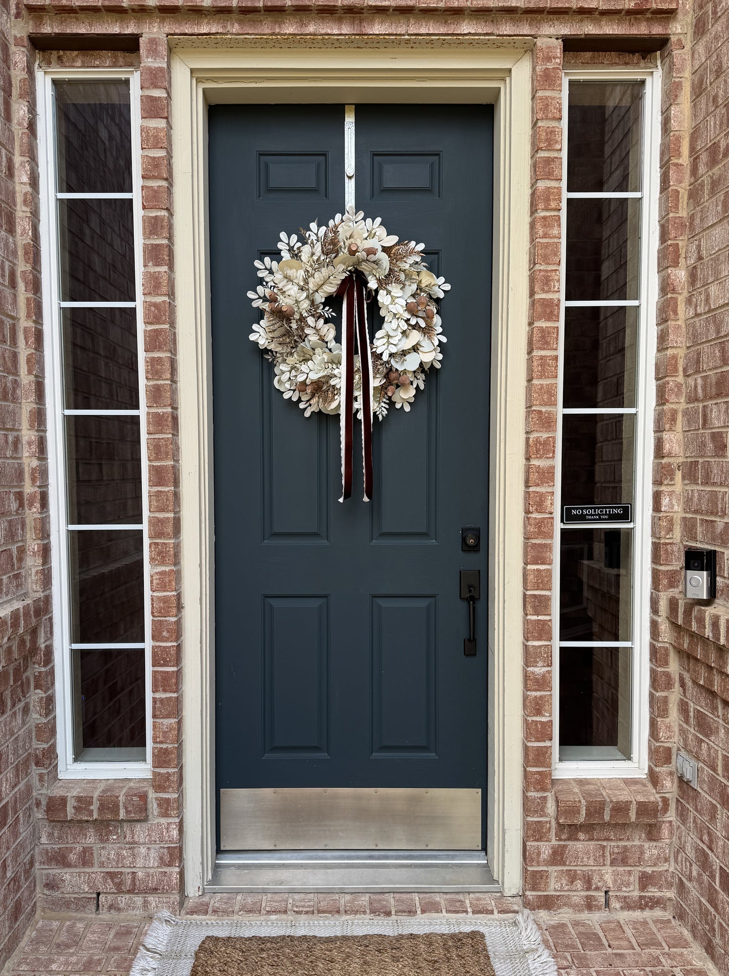 Neutral Fall Eucalyptus Wreath with Beige Leaves & Brown Velvet Ribbon