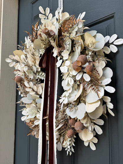 Neutral Fall Eucalyptus Wreath with Beige Leaves & Brown Velvet Ribbon