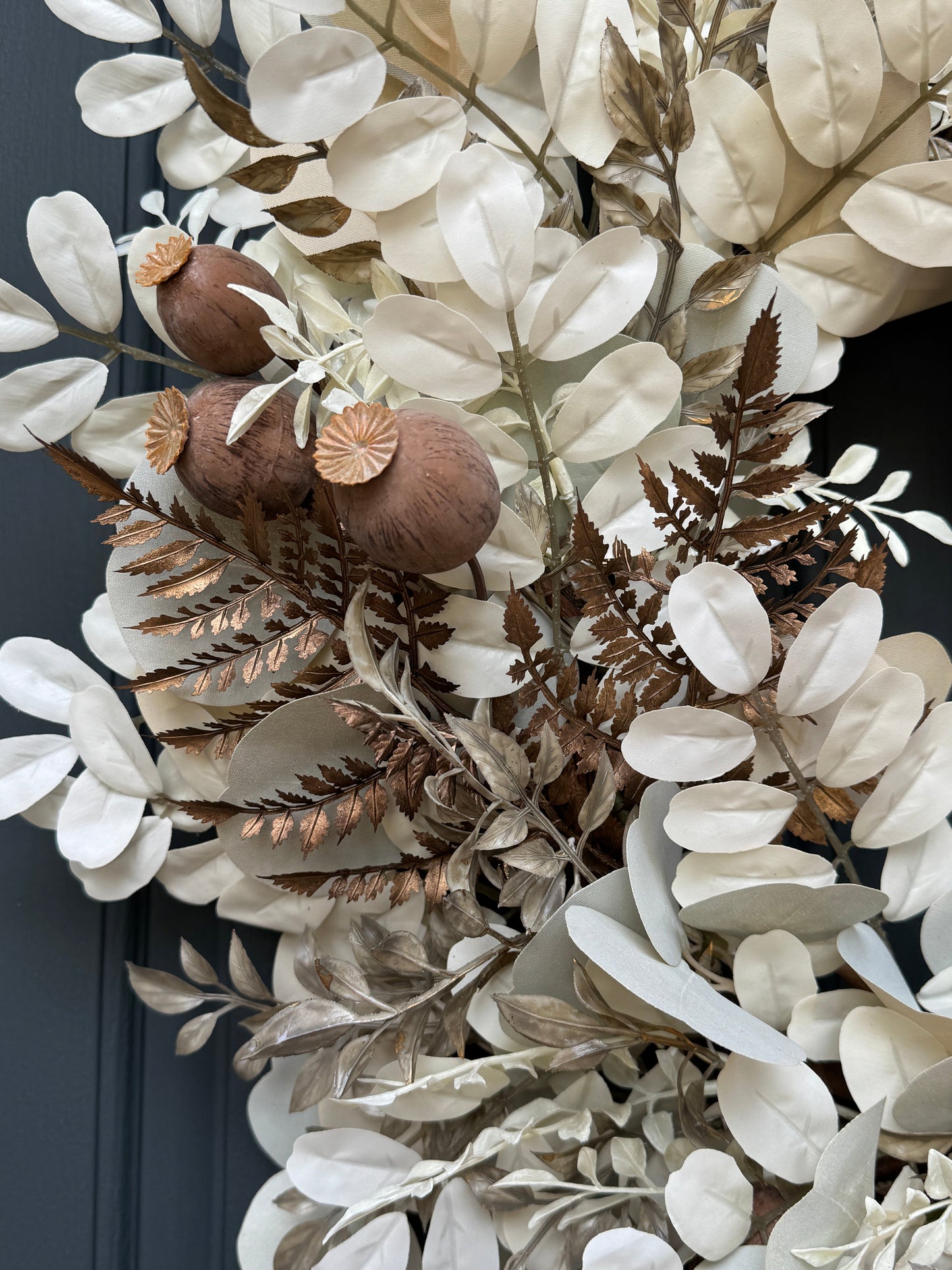 Neutral Fall Eucalyptus Wreath with Beige Leaves & Brown Velvet Ribbon