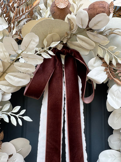 Neutral Fall Eucalyptus Wreath with Beige Leaves & Brown Velvet Ribbon