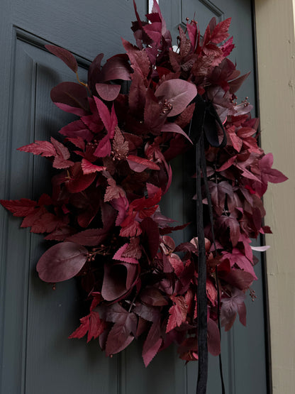 Moody Burgundy Fall & Halloween Wreath with Black Velvet Bow