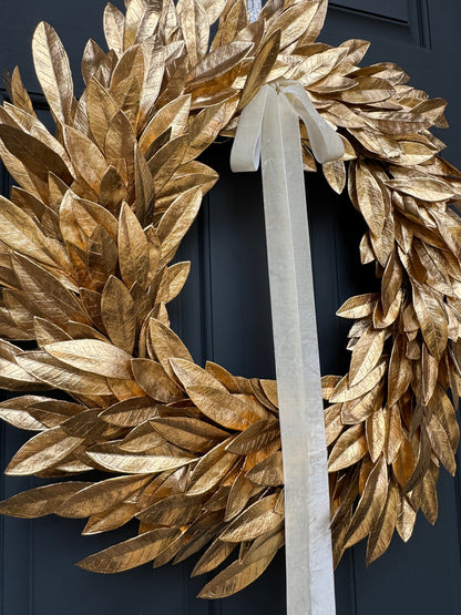 Gold Bay Leaf Wreath with Black Velvet Ribbon