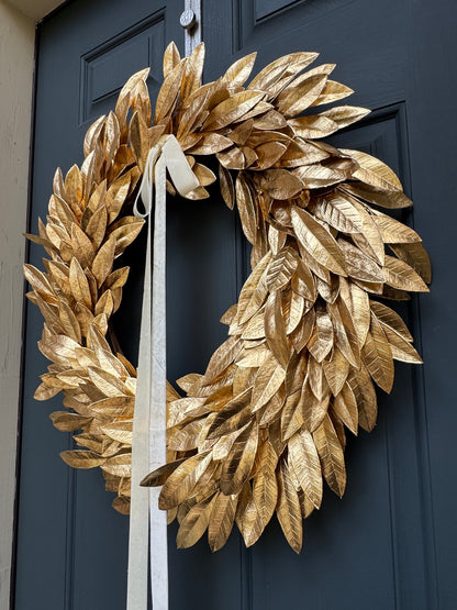 Gold Bay Leaf Wreath with Black Velvet Ribbon