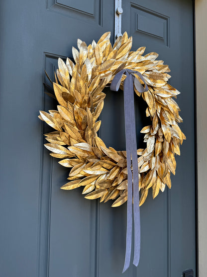 Gold Bay Leaf Wreath with Black Velvet Ribbon